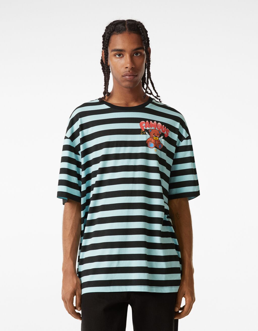 Striped short sleeve boxy-fit bear print T-shirt