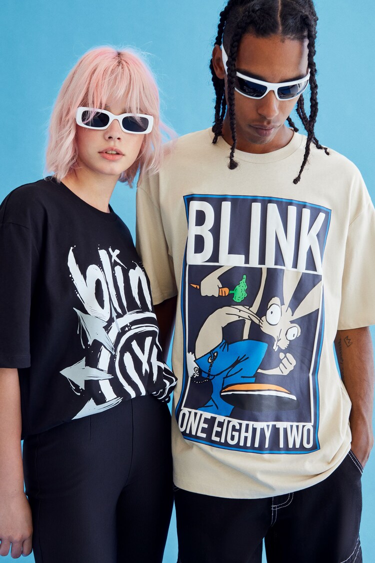 Blink 182 desenli kısa kollu oversize t-shirt