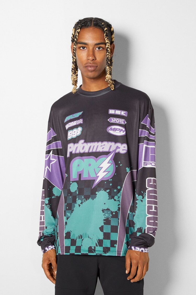 Long sleeve T-shirt with motorcycle racing print