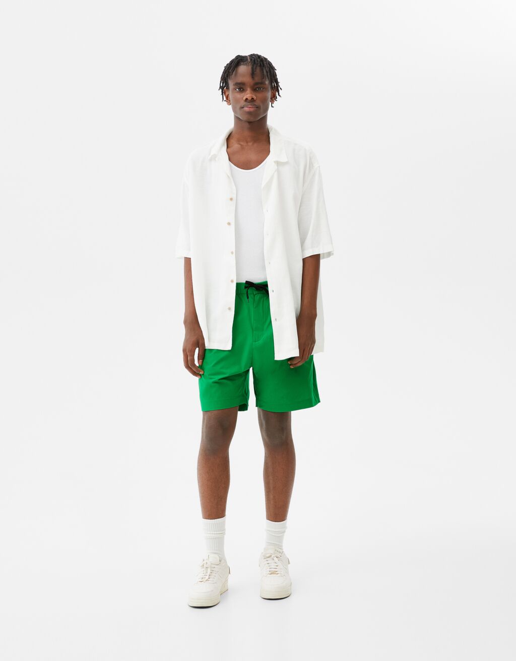 Oversize semi-jogger faux-nylon Bermuda shorts