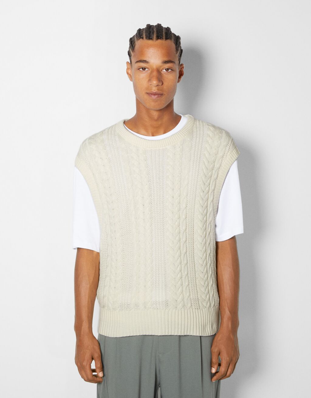 Bershka Short Cable-Knit Vest Men S Cream