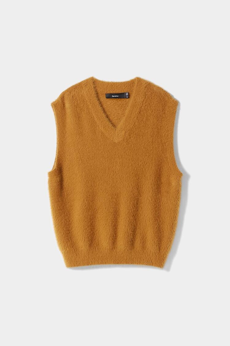 Faux fur knit V-neck vest