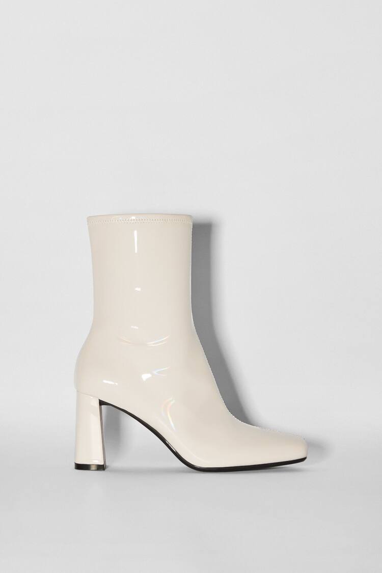 High-heel patent-style fitted ankle boots