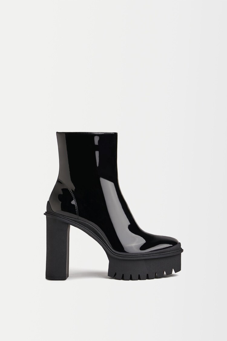 Faux patent high-heel platform ankle boots