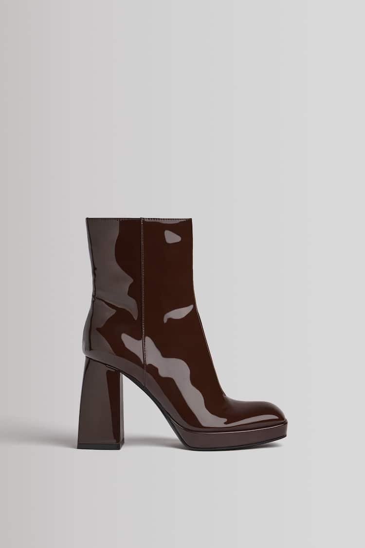 Faux patent high-heel platform ankle boots