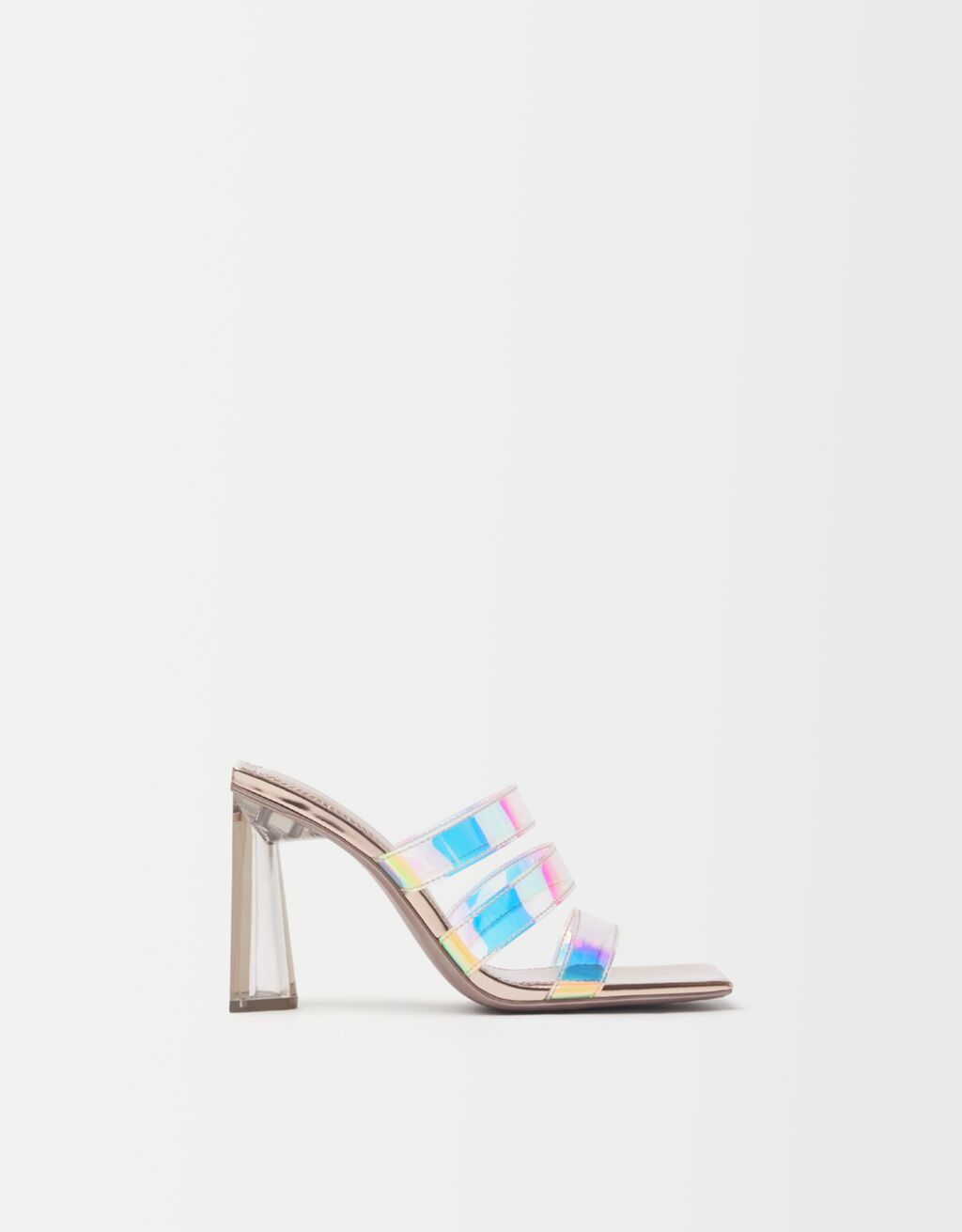 Vinylové sandále hrajúce dúhovými farbami na metakrylátovom podpätku
