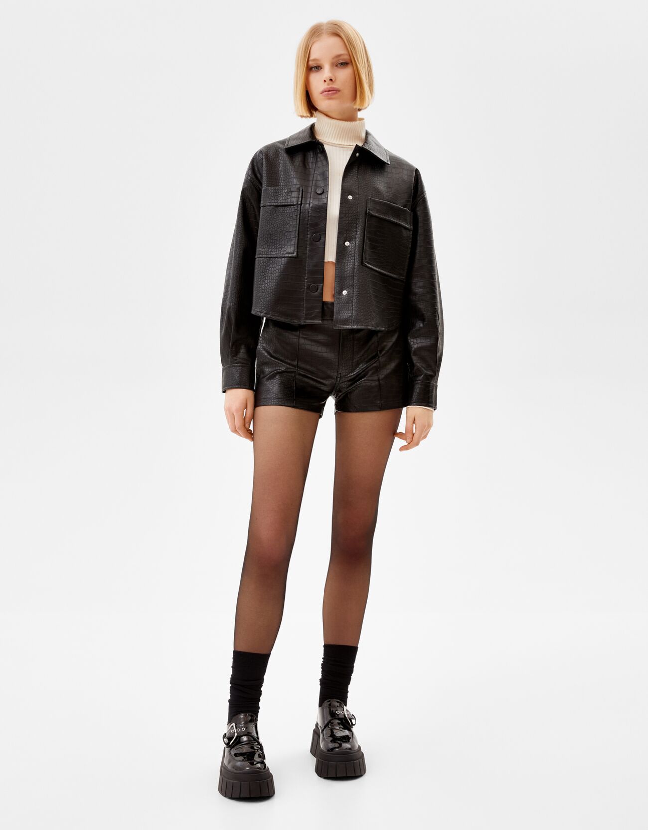 Faux leather shirt and short set 