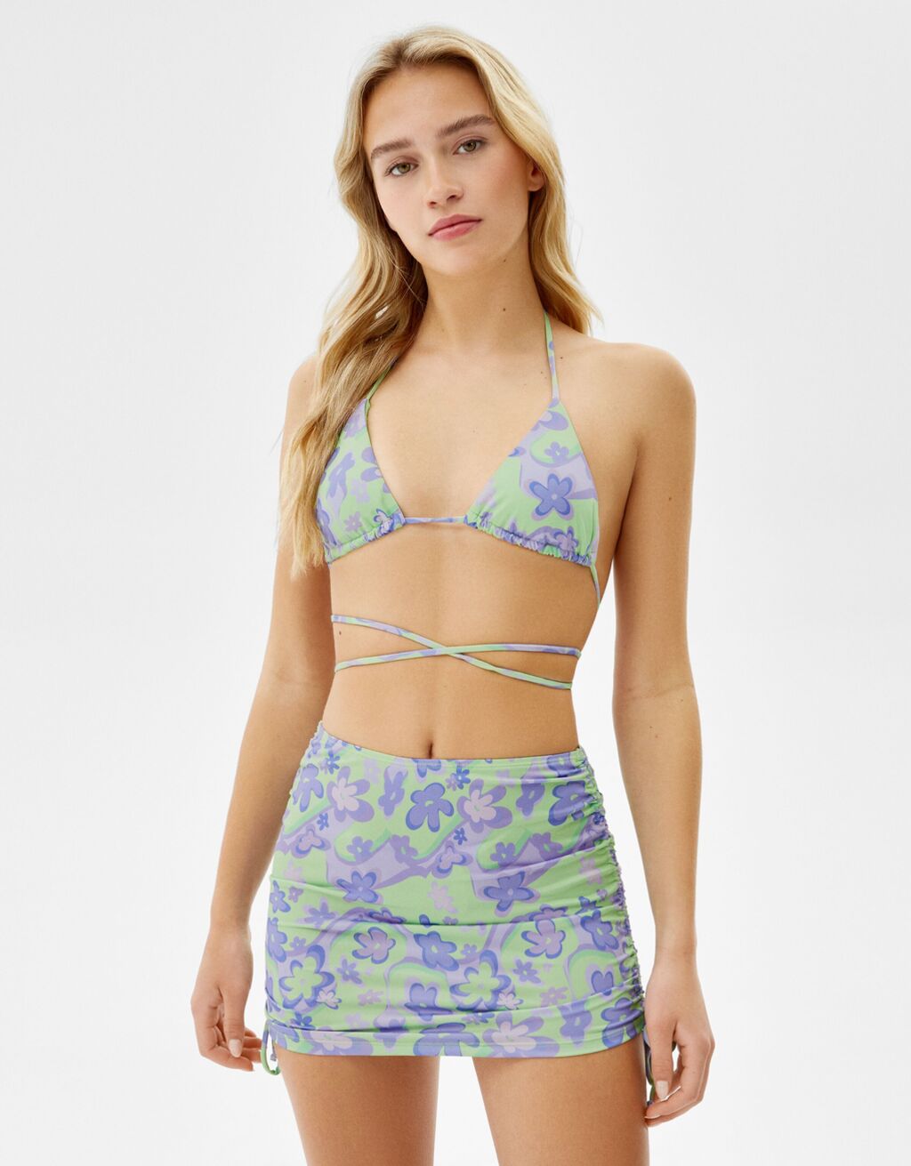 Bikini and sarong set with a psychedelic print