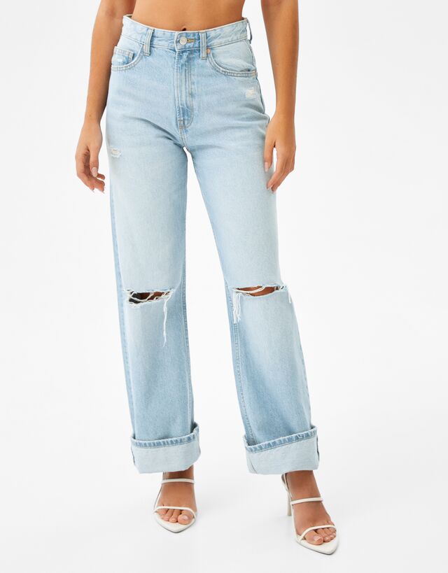 Ripped wide-leg '90s jeans - Denim - Woman | Bershka
