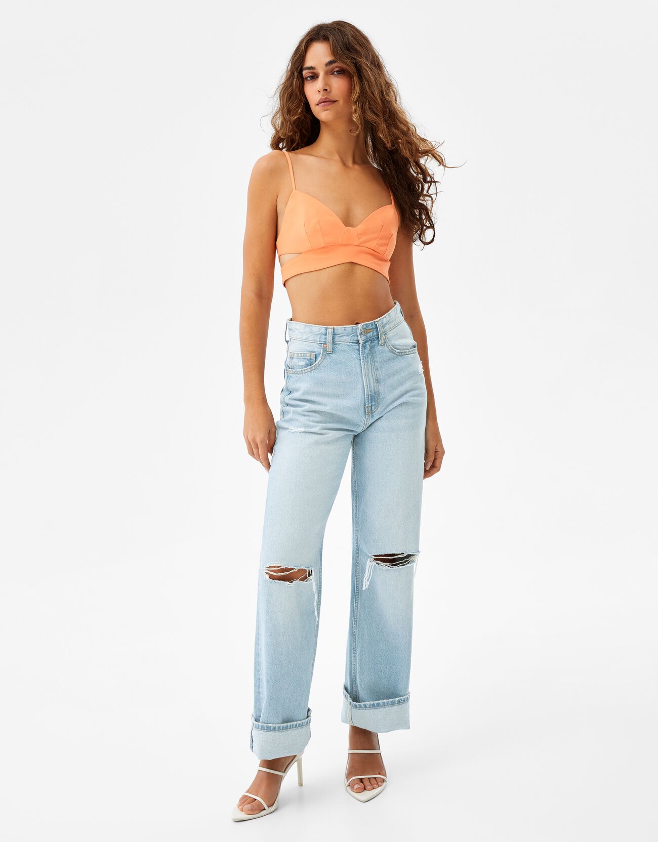 bershka 90's straight leg jeans with rips in light blue