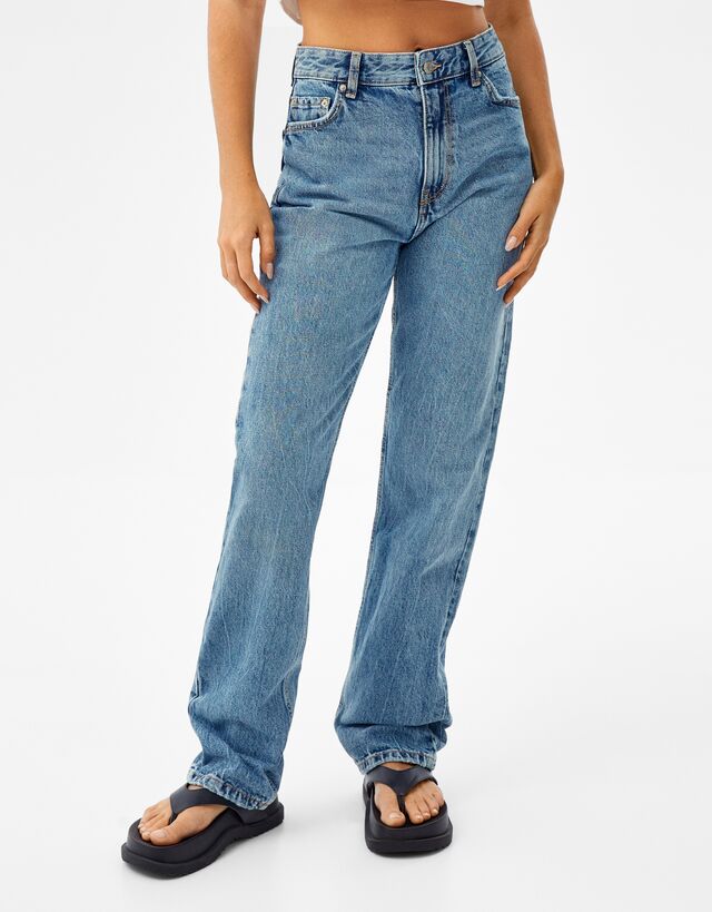 Straight-fit high-rise jeans - Denim - Woman | Bershka