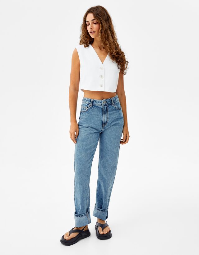 Recht model jeans met hoge taille - Denim - Dames | Bershka