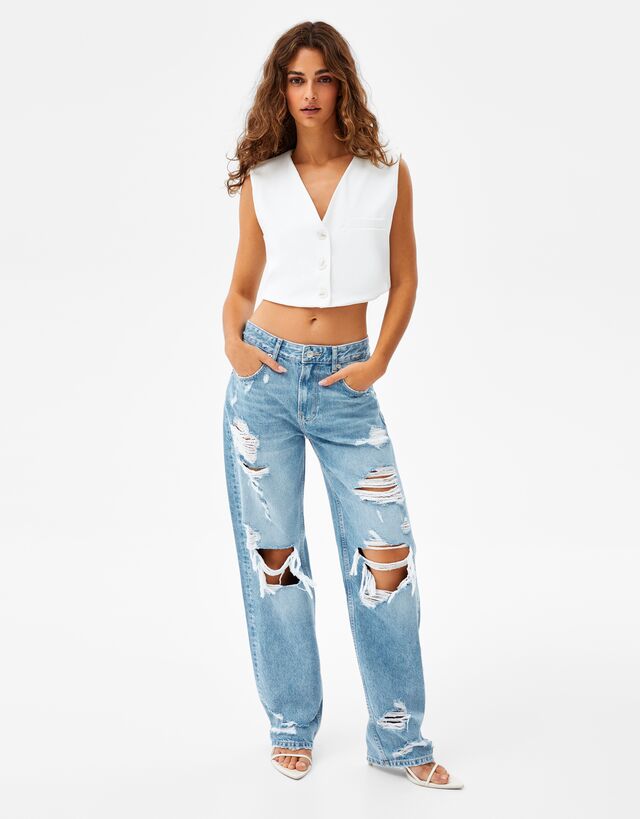 Ripped straight fit vintage-effect 