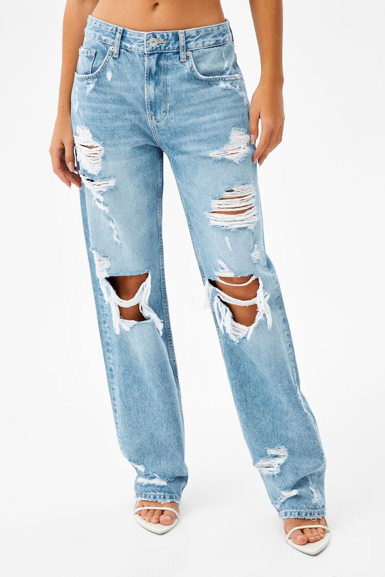 Ripped straight fit vintage-effect jeans