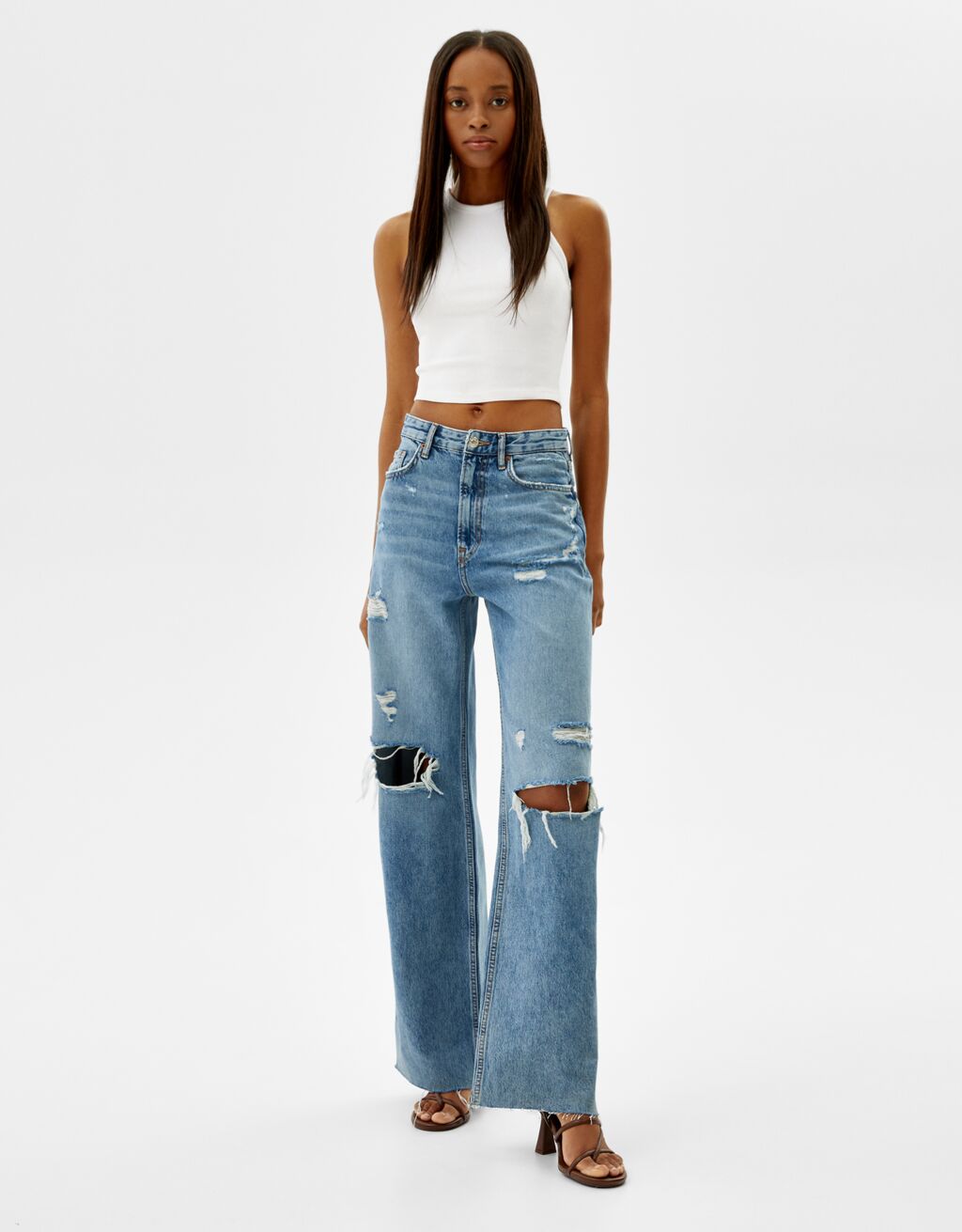 Ripped wide-leg jeans - Denim - Woman 