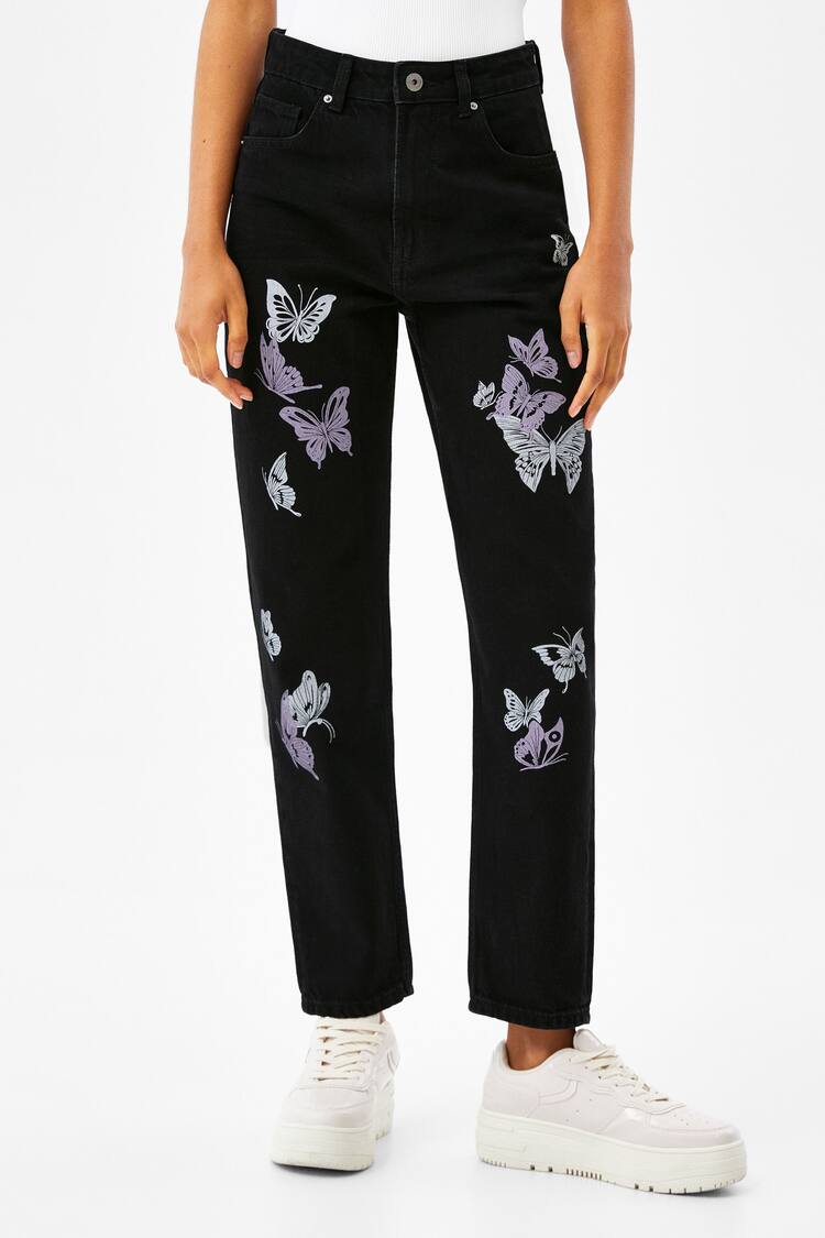 Mom jeans with butterfly print