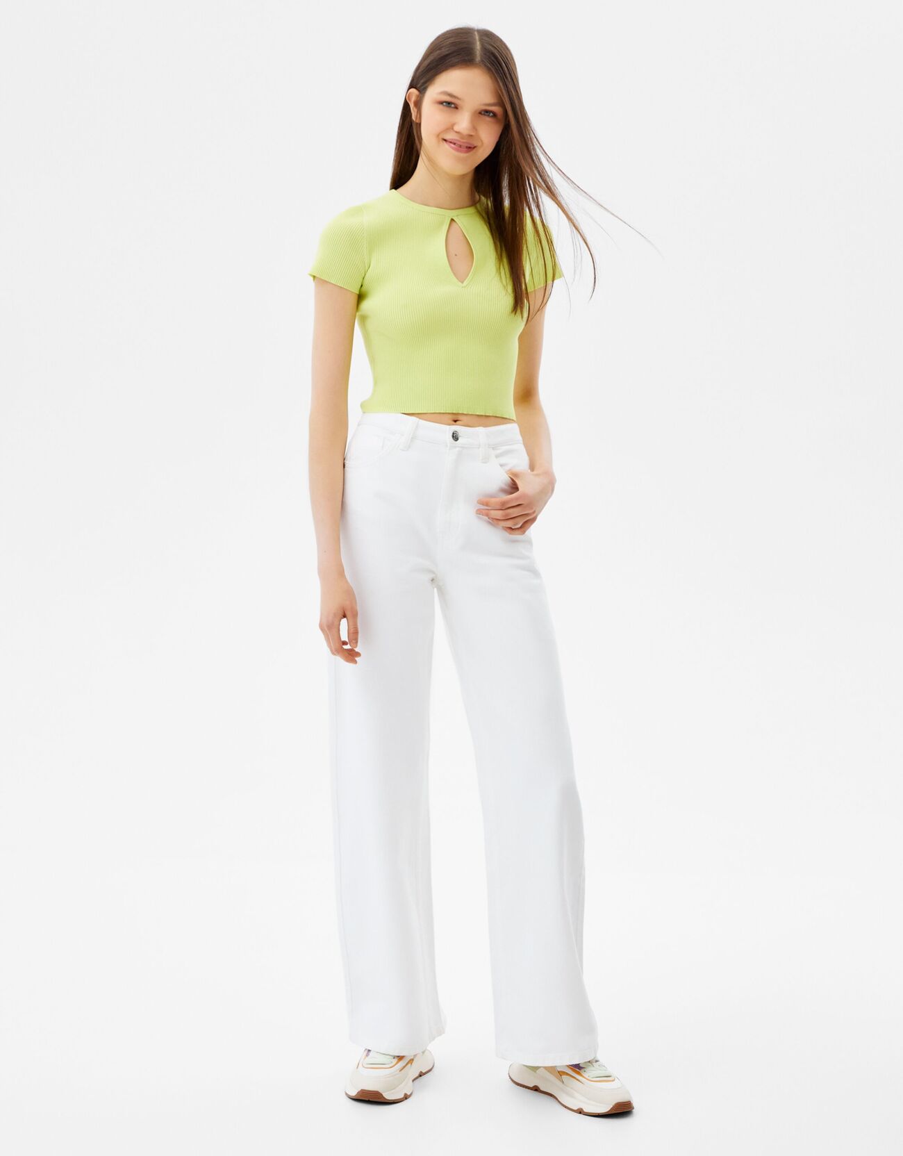 Pantalones | PantalóN Wide Leg Fluido Blanco | Bershka Mujer – Acro Marco