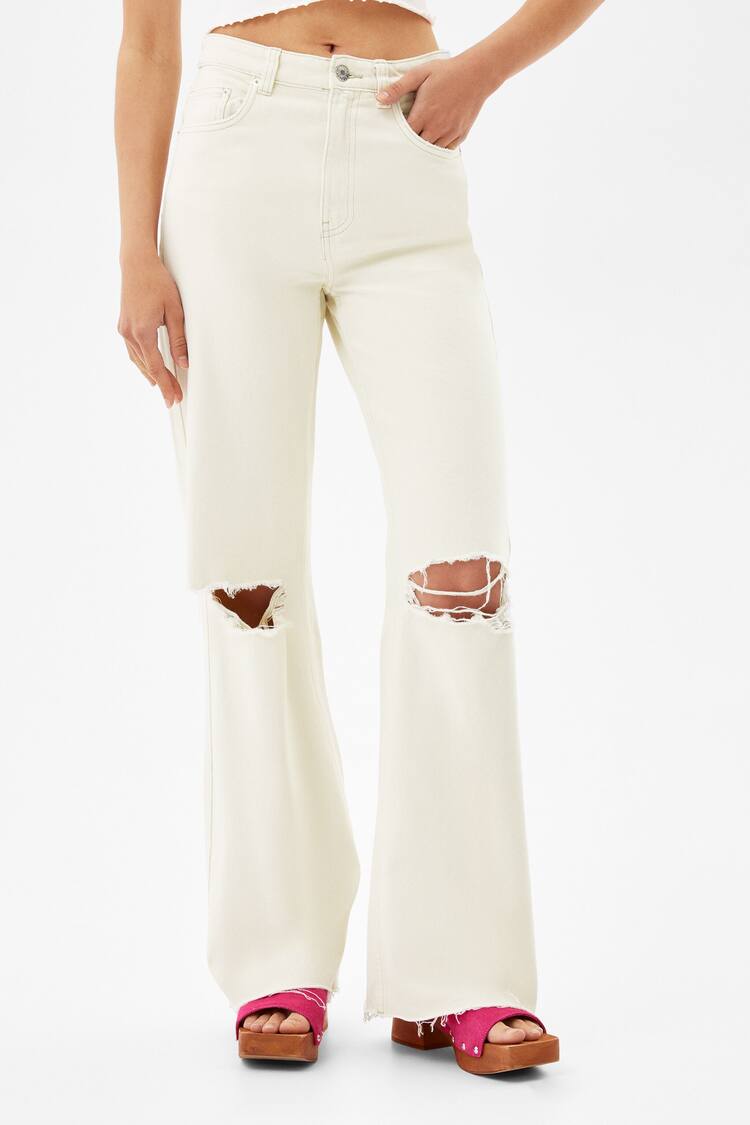 Wide leg twill trousers with rips