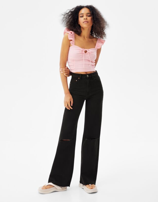 Wide-leg twill pants with rips - Pants 