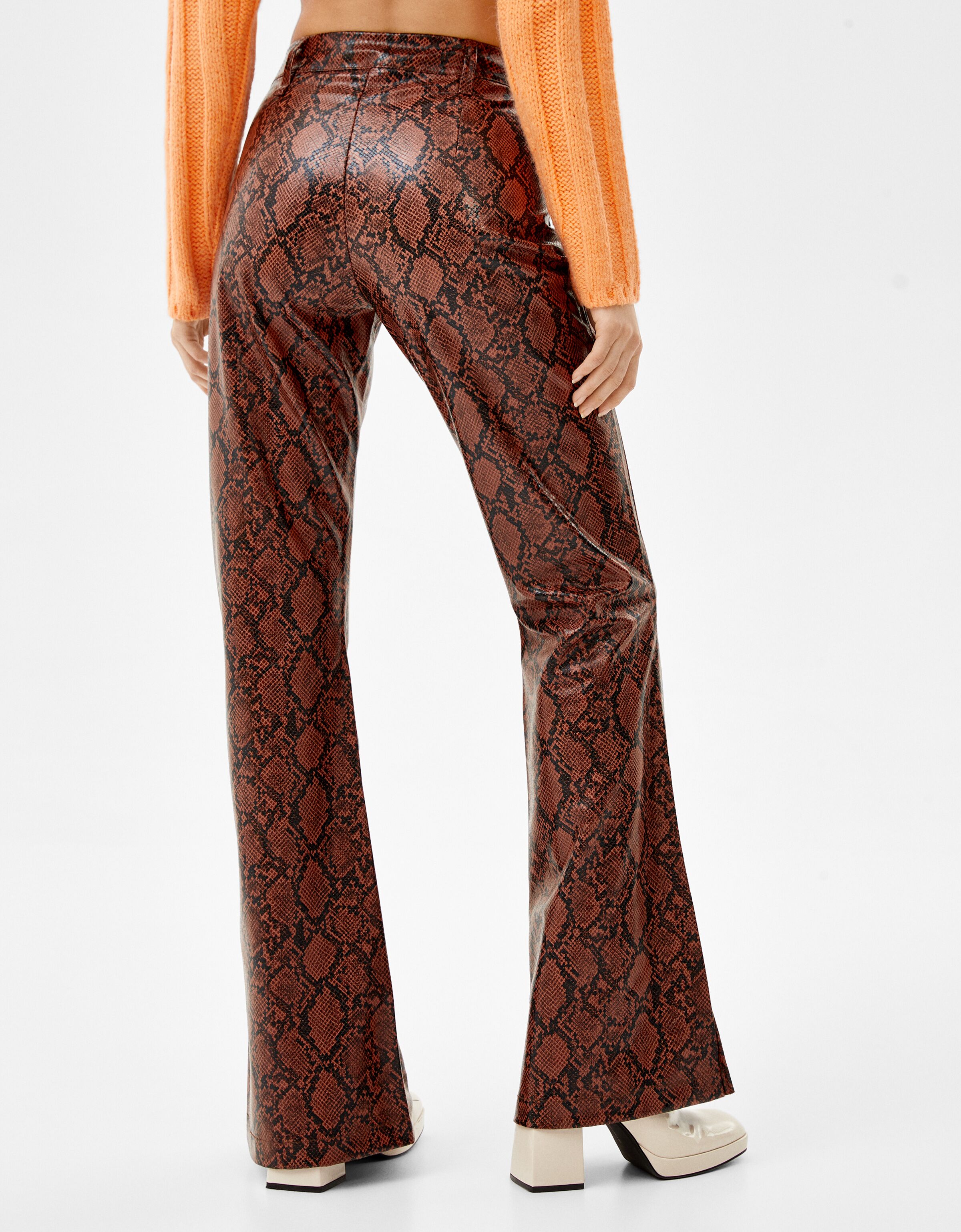 Faux leather snakeskin print flared 