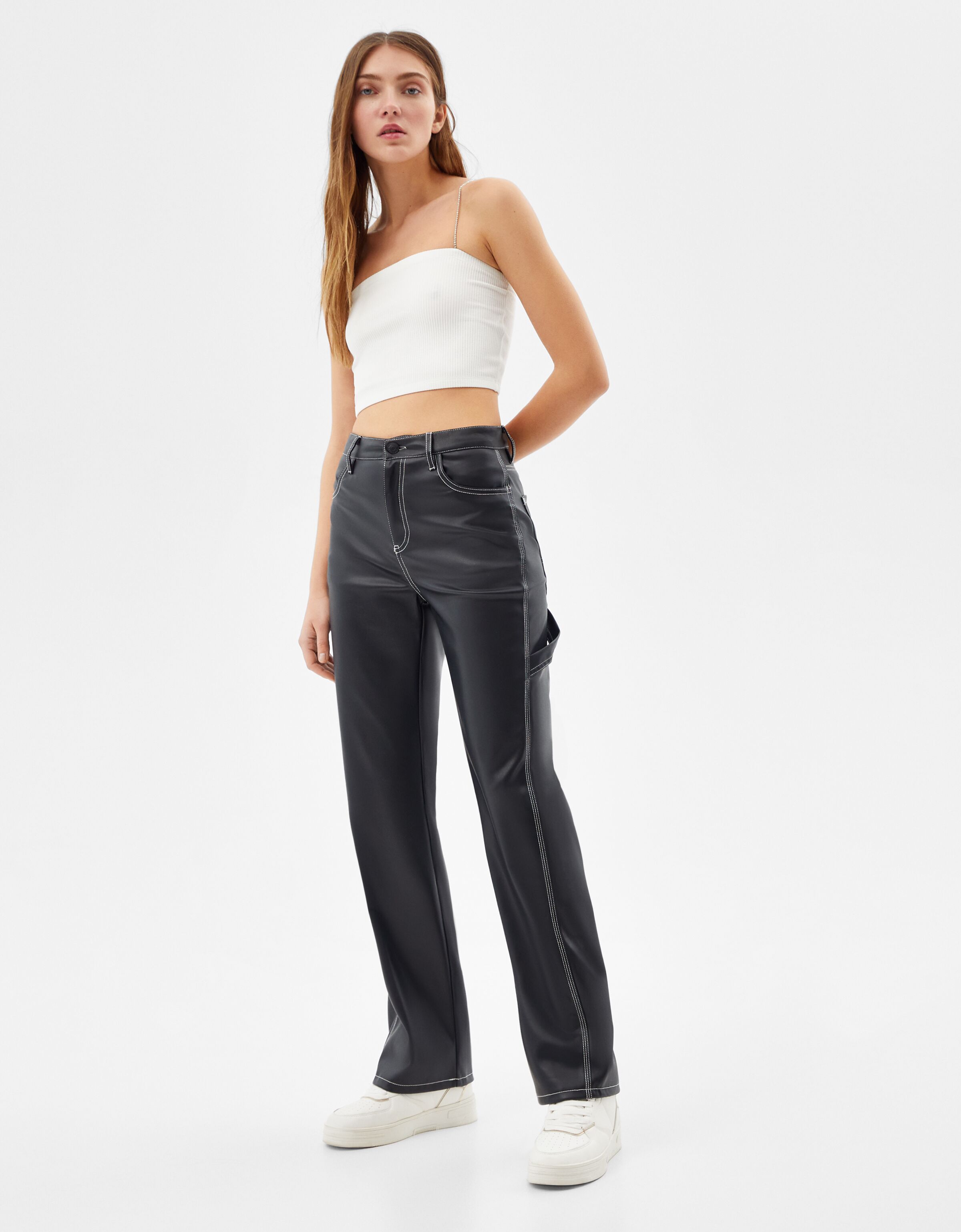 Straight fit faux leather trousers with 
