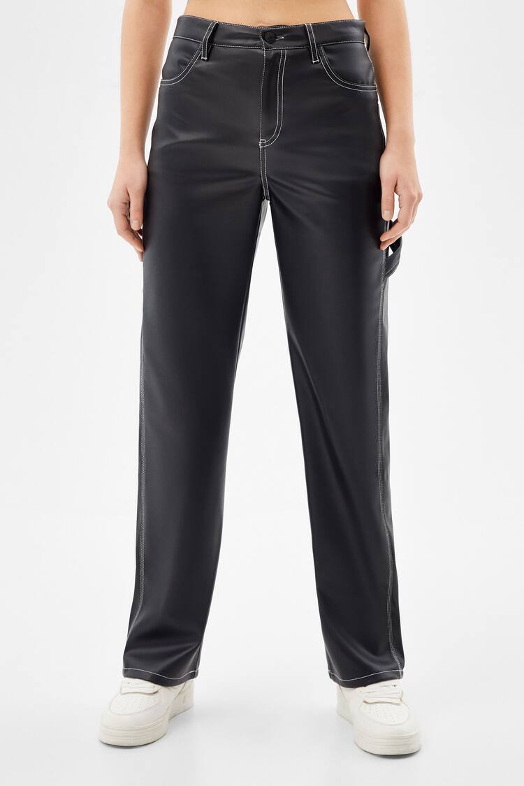 Straight fit faux leather trousers with contrast thread
