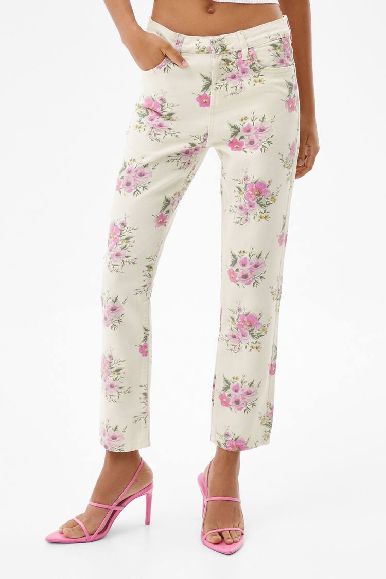 Floral print straight fit trousers