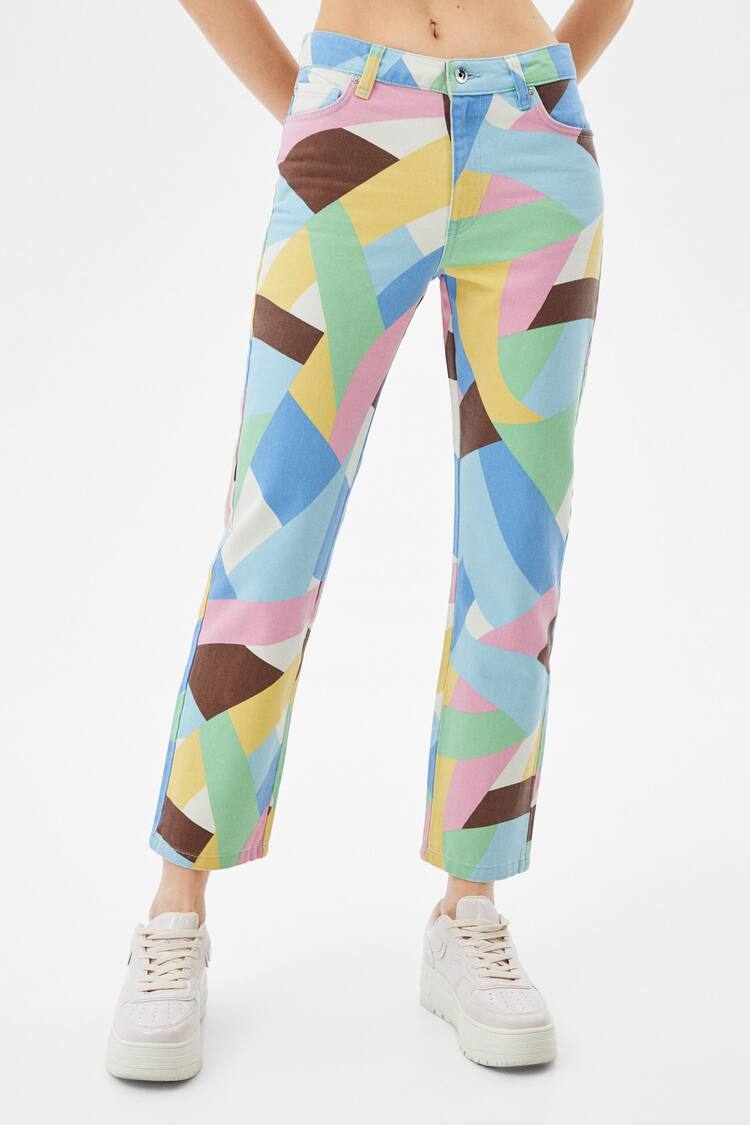 Twill straight fit trousers with abstract print