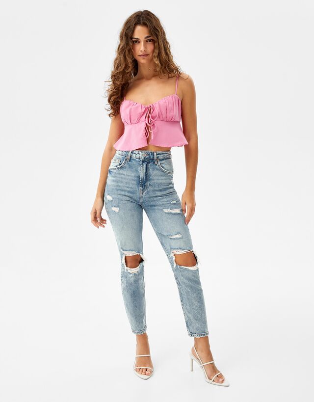 Jeans Mujer | Bershka Jeans Mom Rotos Blanco - Bellavista
