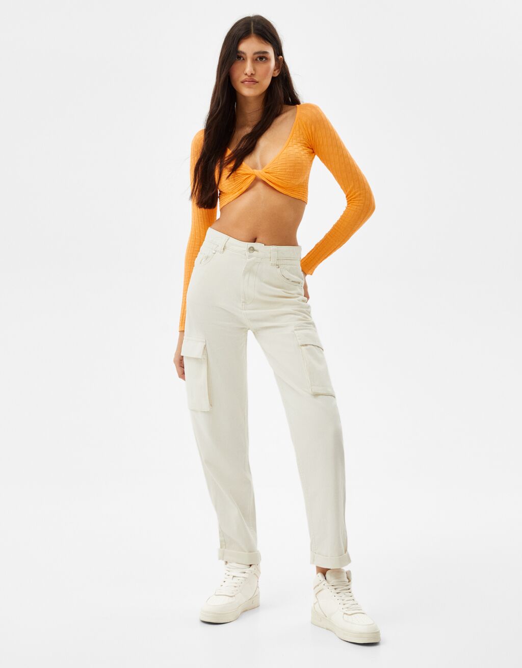 Pantaloni militari in twill con vita arricciata - Donna | Bershka