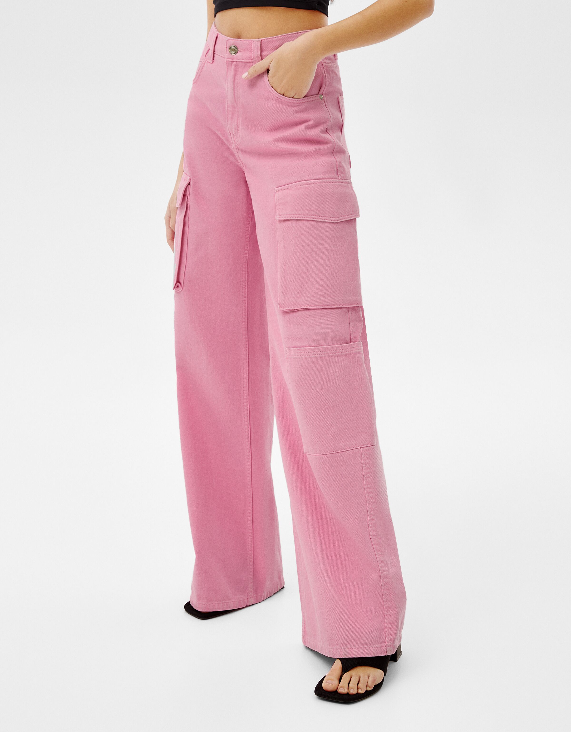 wide leg twill cargo trousers