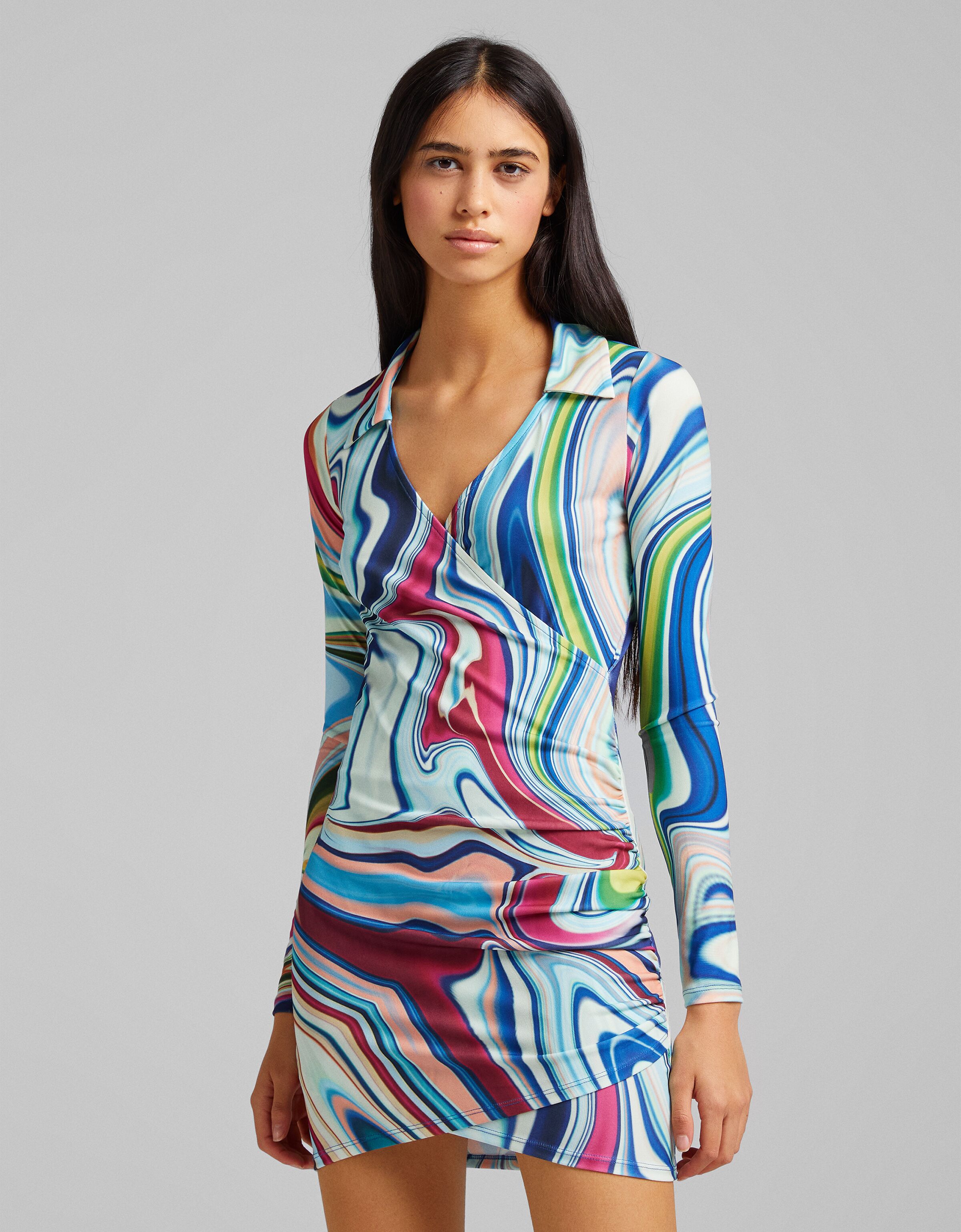 Printed polo collar mini dress with 