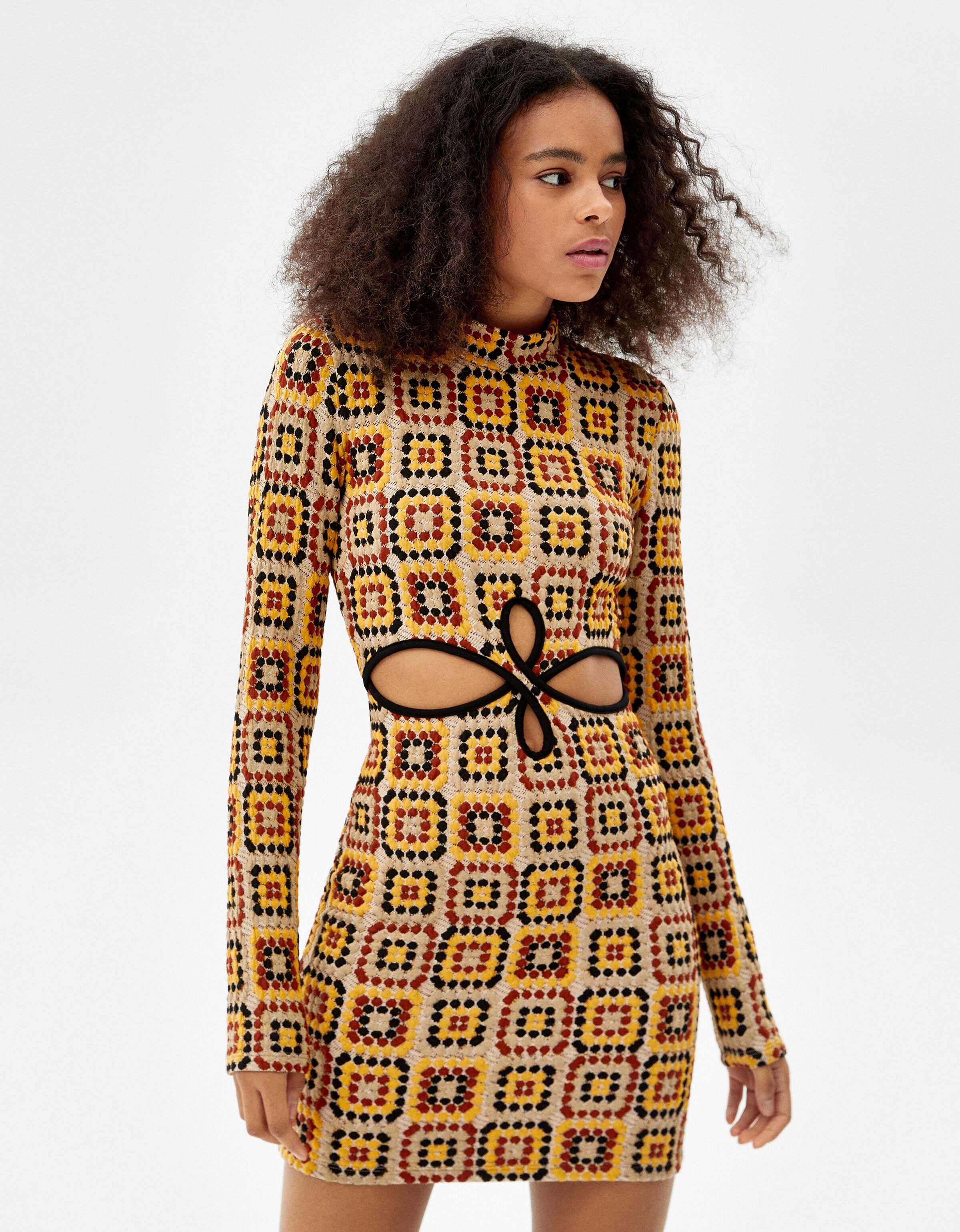 Long sleeve crochet seamed mini dress 