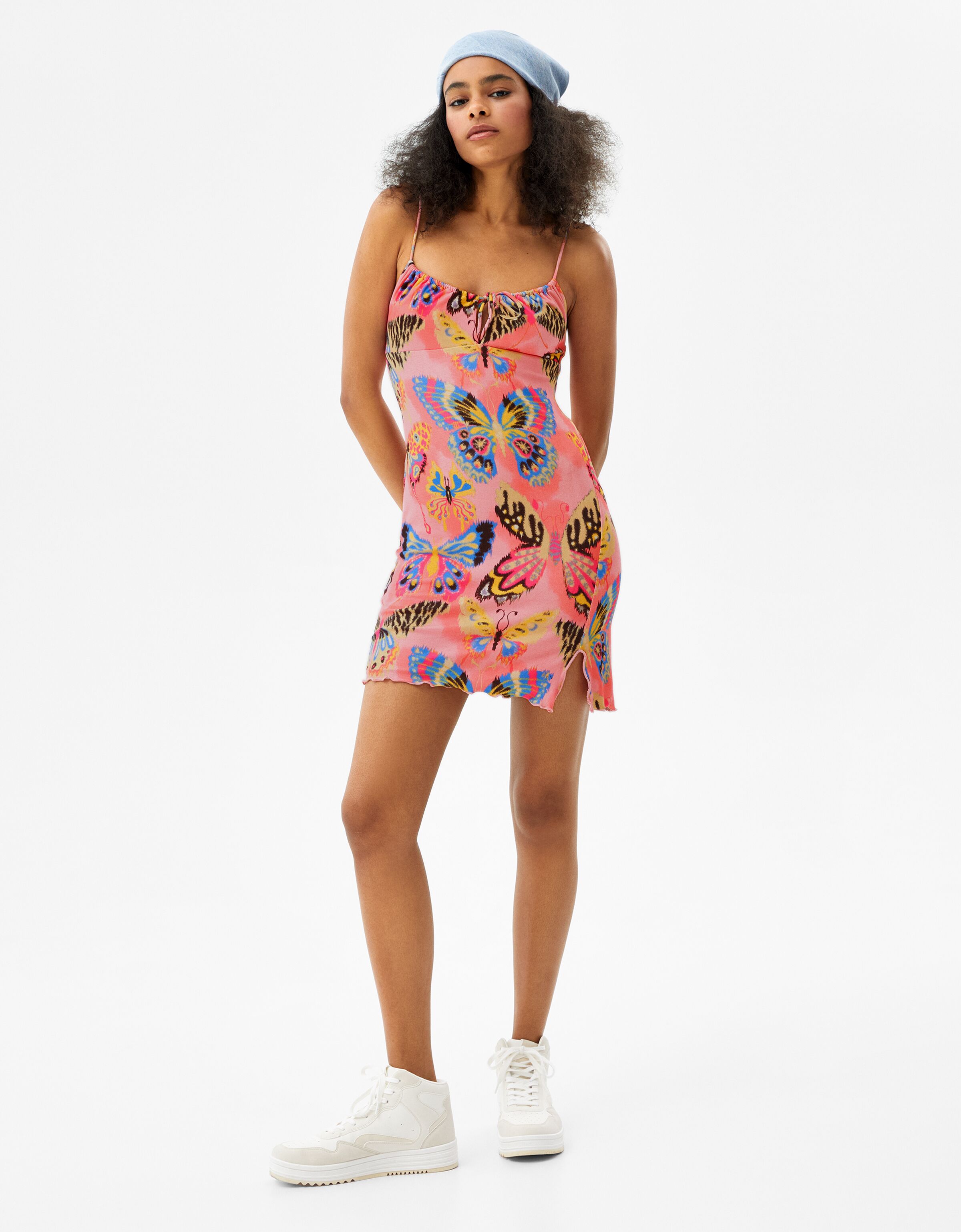 Strappy mini dress with butterfly print 