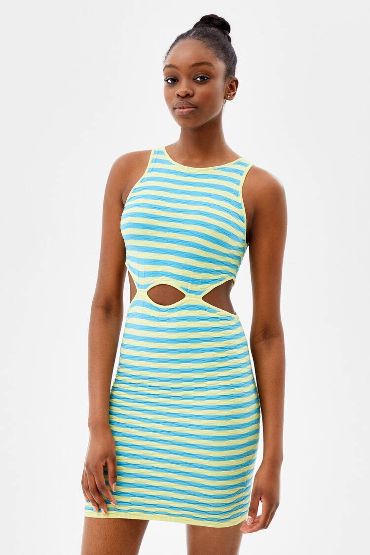 Striped sleeveless textured mini dress