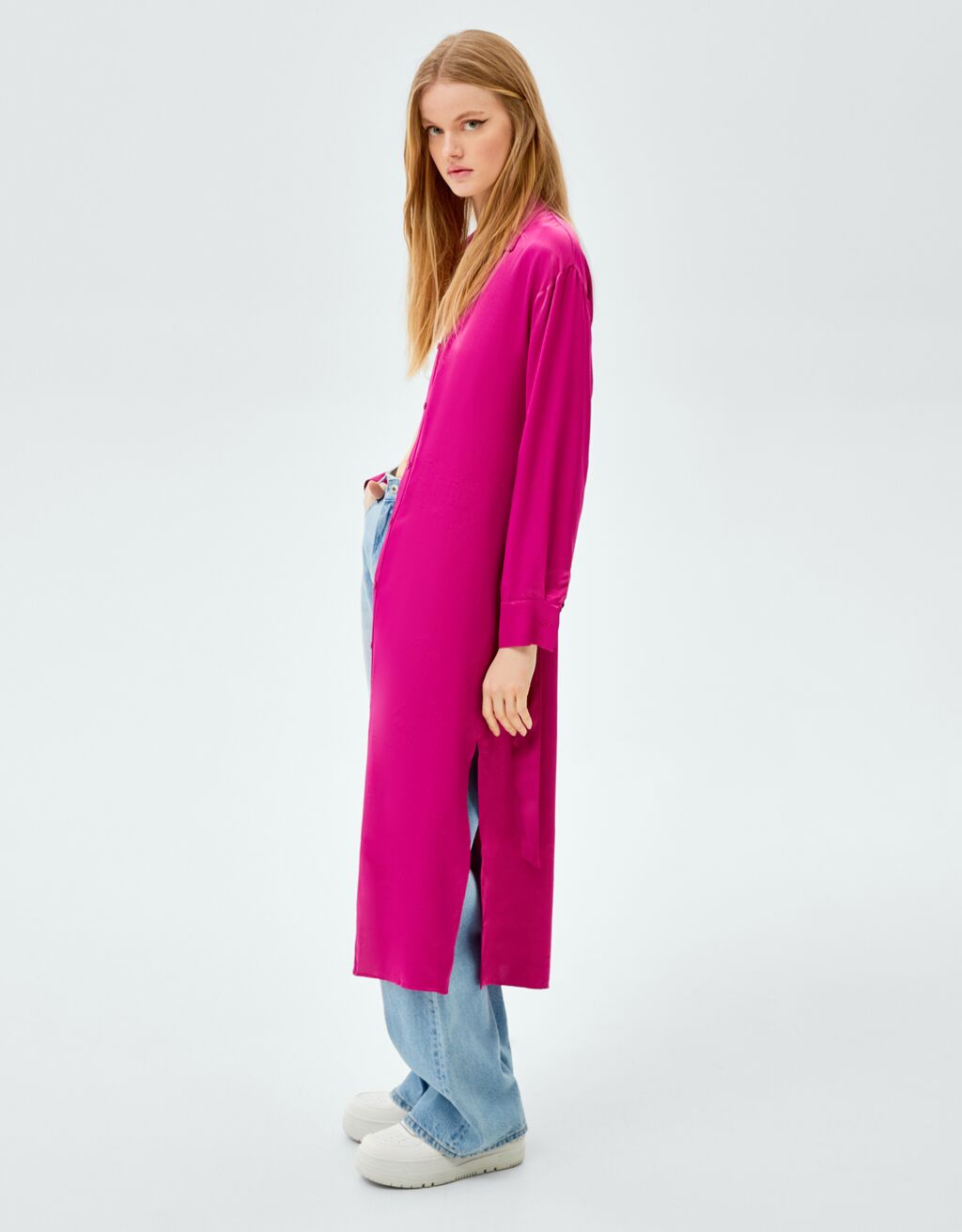 Vestito lungo chemisier satinato cintura - Vestiti - Donna | Bershka