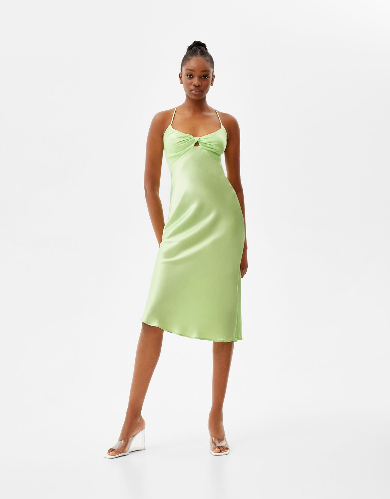 Satin midi dress with front cut-out 