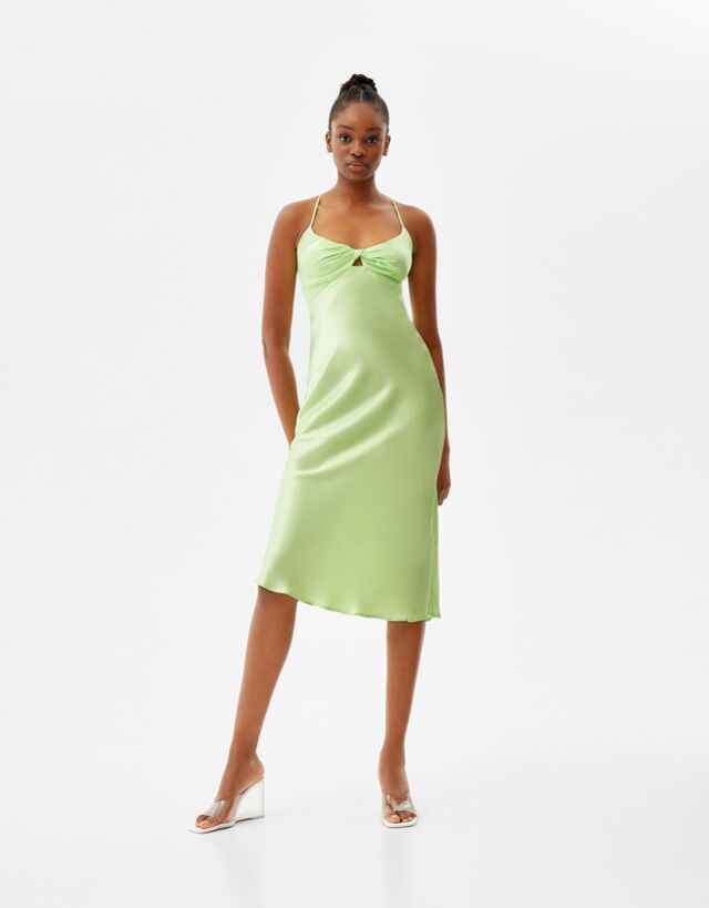 Satin midi dress with front cut-out 