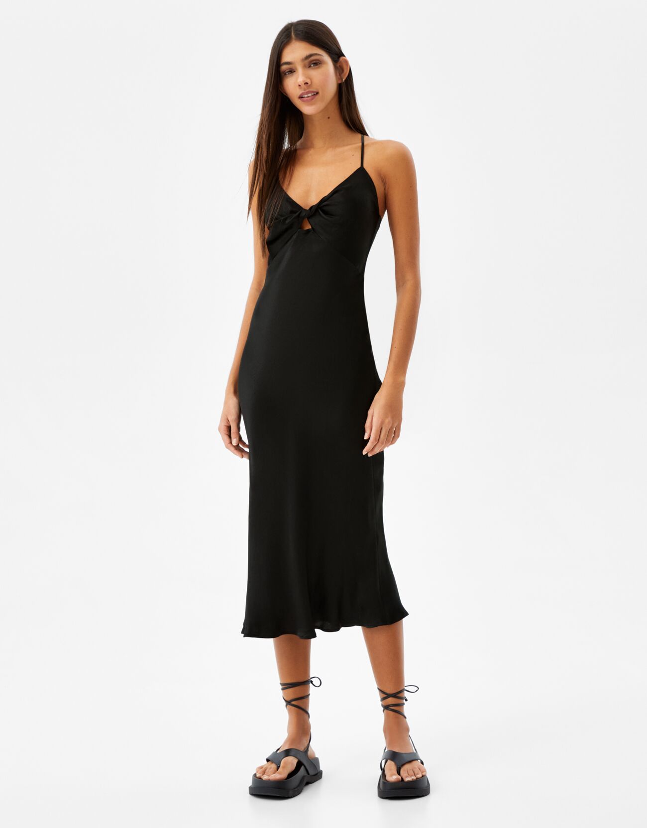 Bershka - Satin midi dress with front cut-out detail