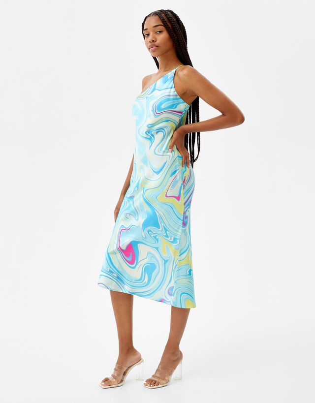 Vestido midi satinado asimétrico - Mujer | Bershka