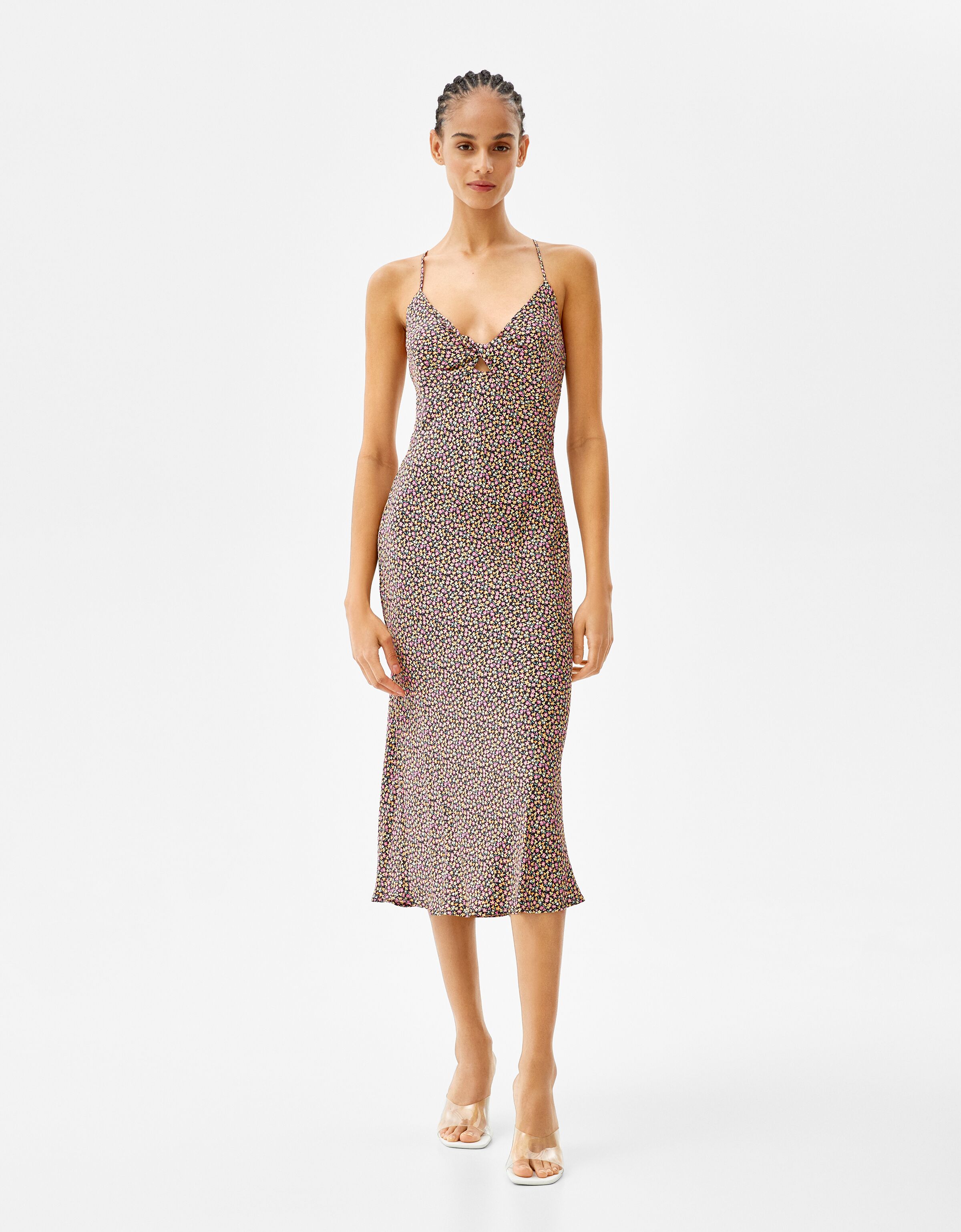 Long satin dress with front cut-out 