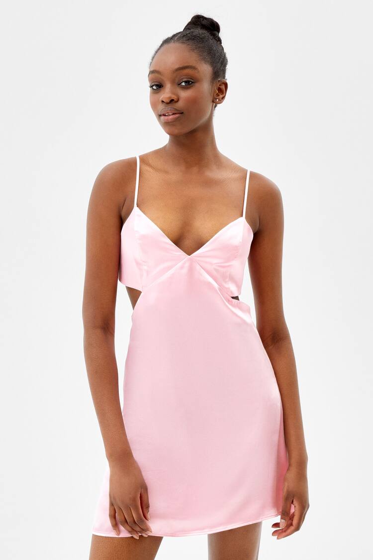Satin mini dress with flounce cut-out detail