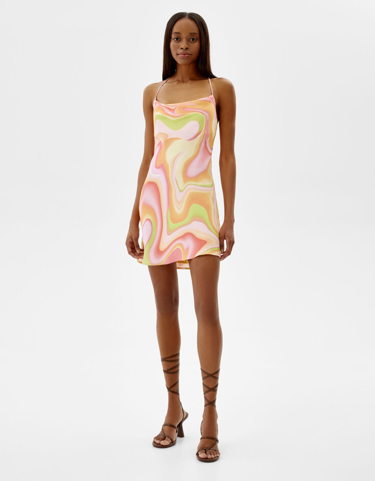 Draped satin mini dress with low neck 