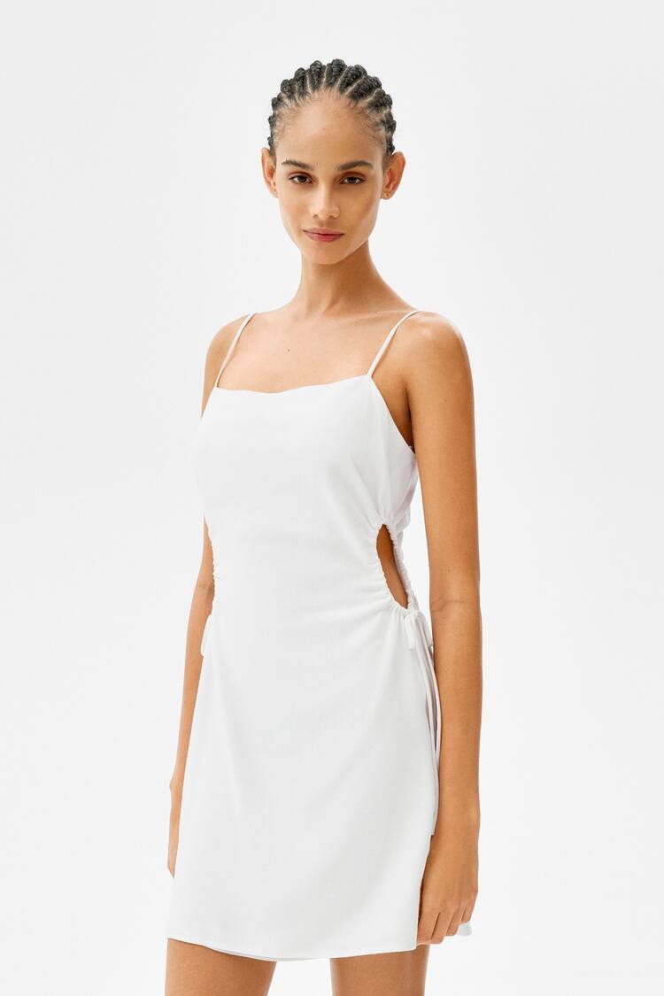 Strappy linen mini dress with ruched detail on the side