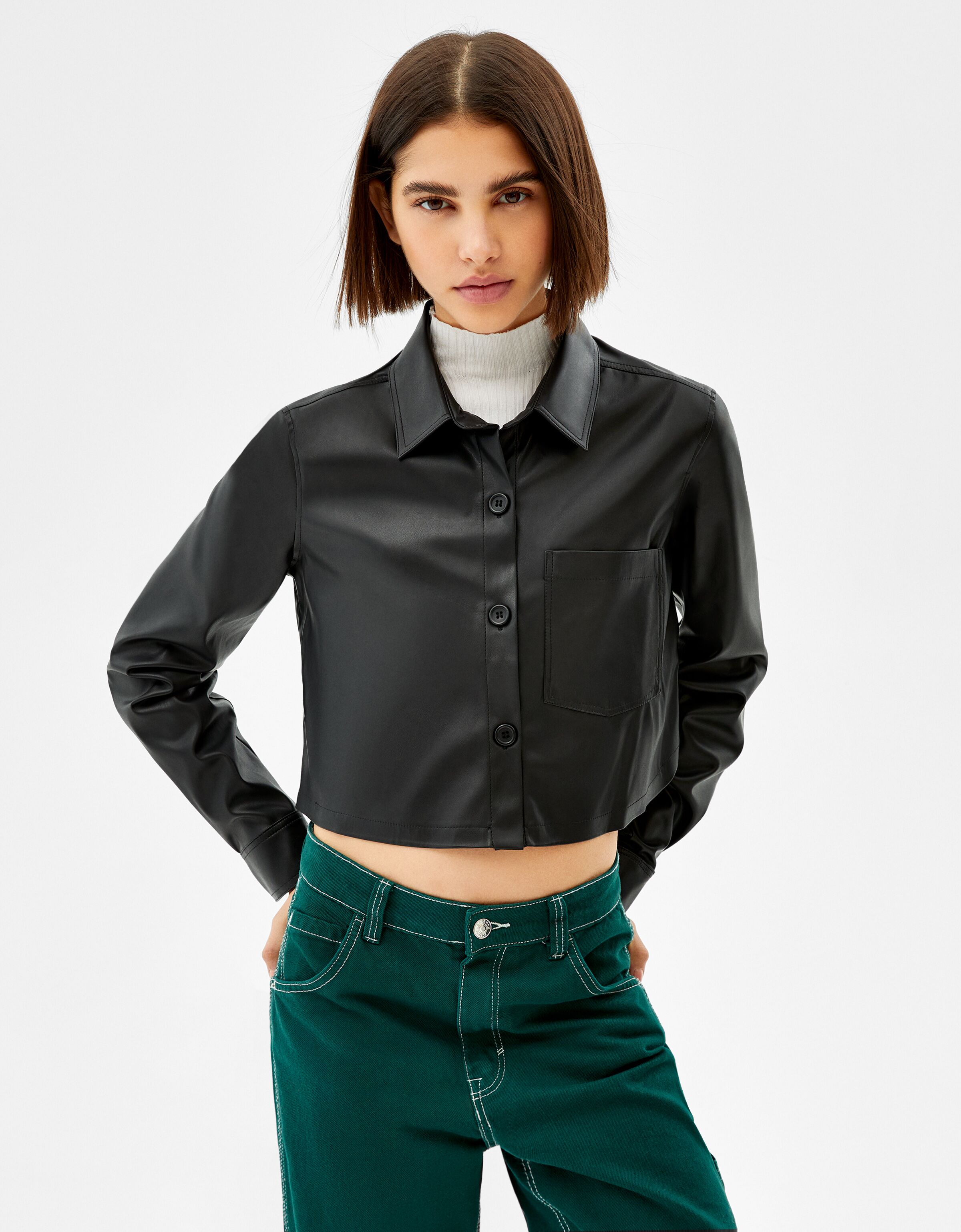 Long sleeve cropped faux leather shirt 