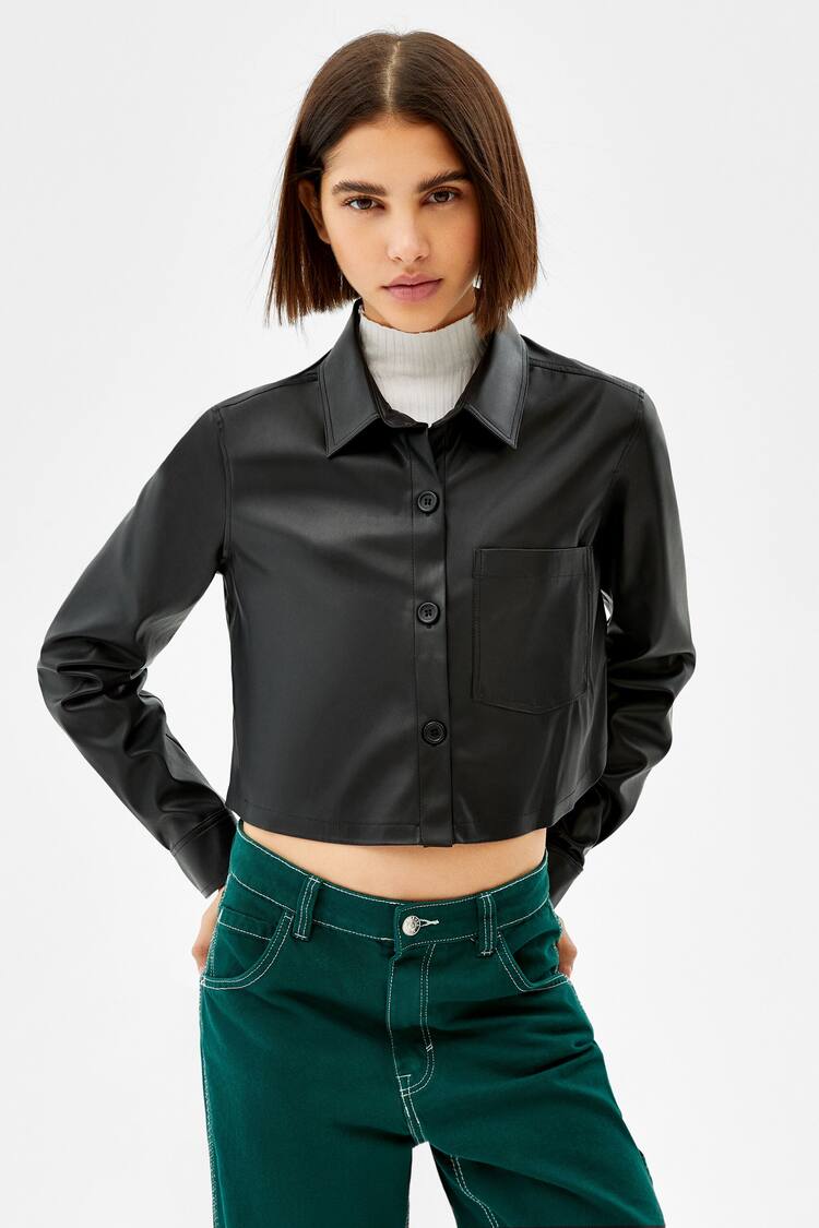 Long sleeve cropped faux leather shirt with buttons