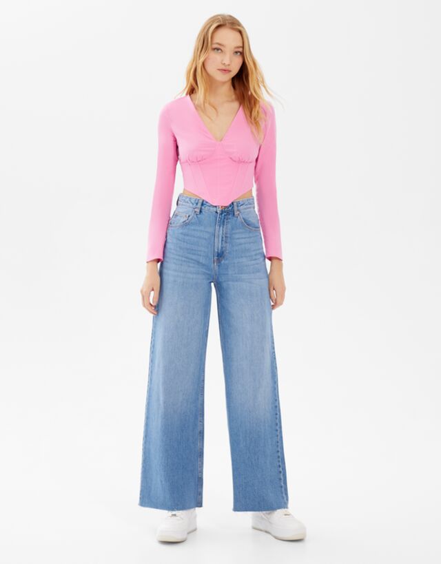 Poplin corset-effect fitted long sleeve 