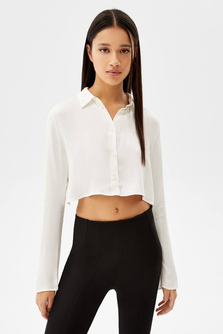 Long sleeve cropped satin shirt with flared sleeves
