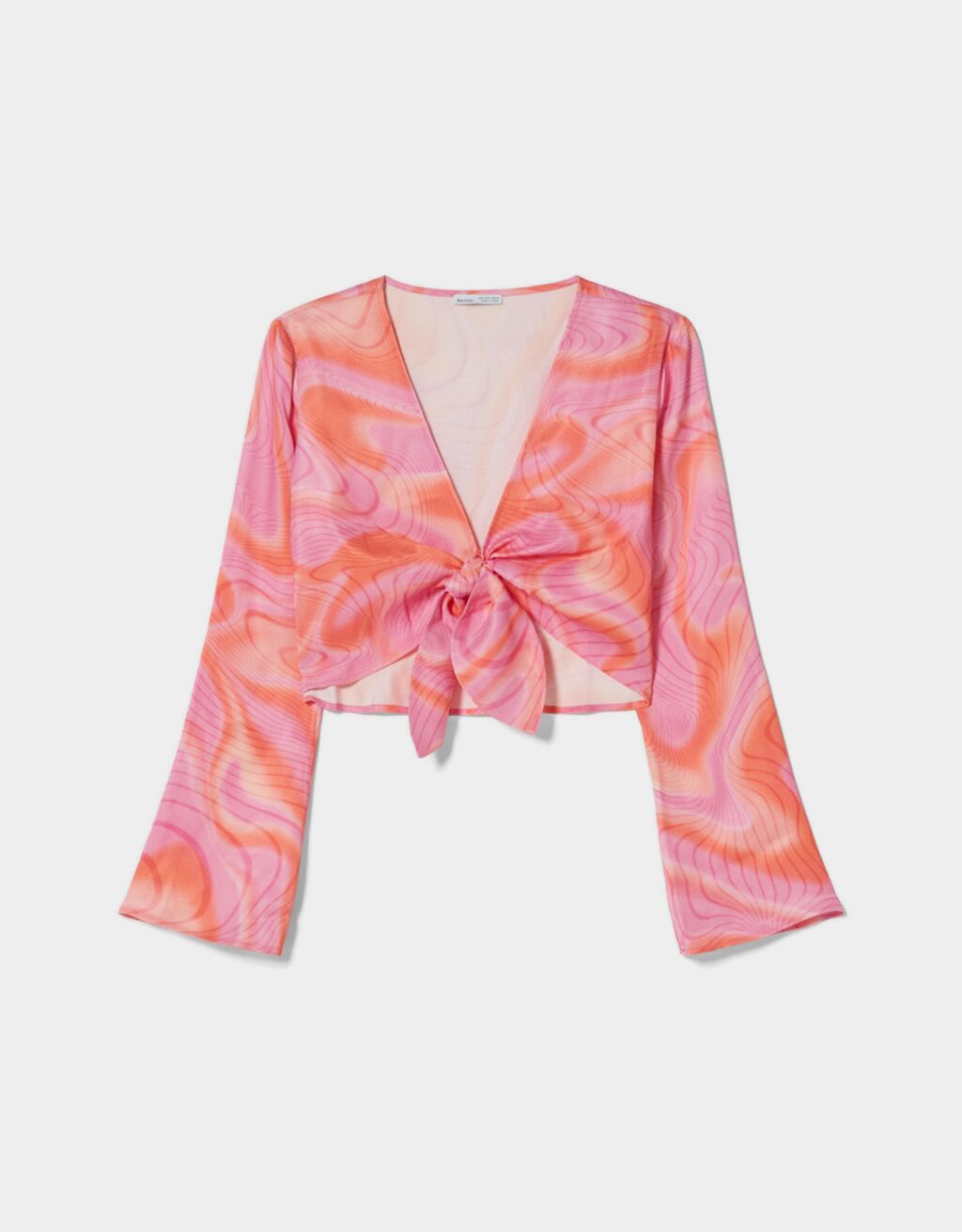 Satijnen blouse met knoop en lange mouw-Fuchsia-4