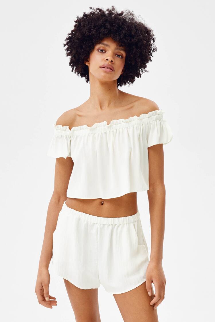 Off-shoulder crepe blouse with short puff sleeves